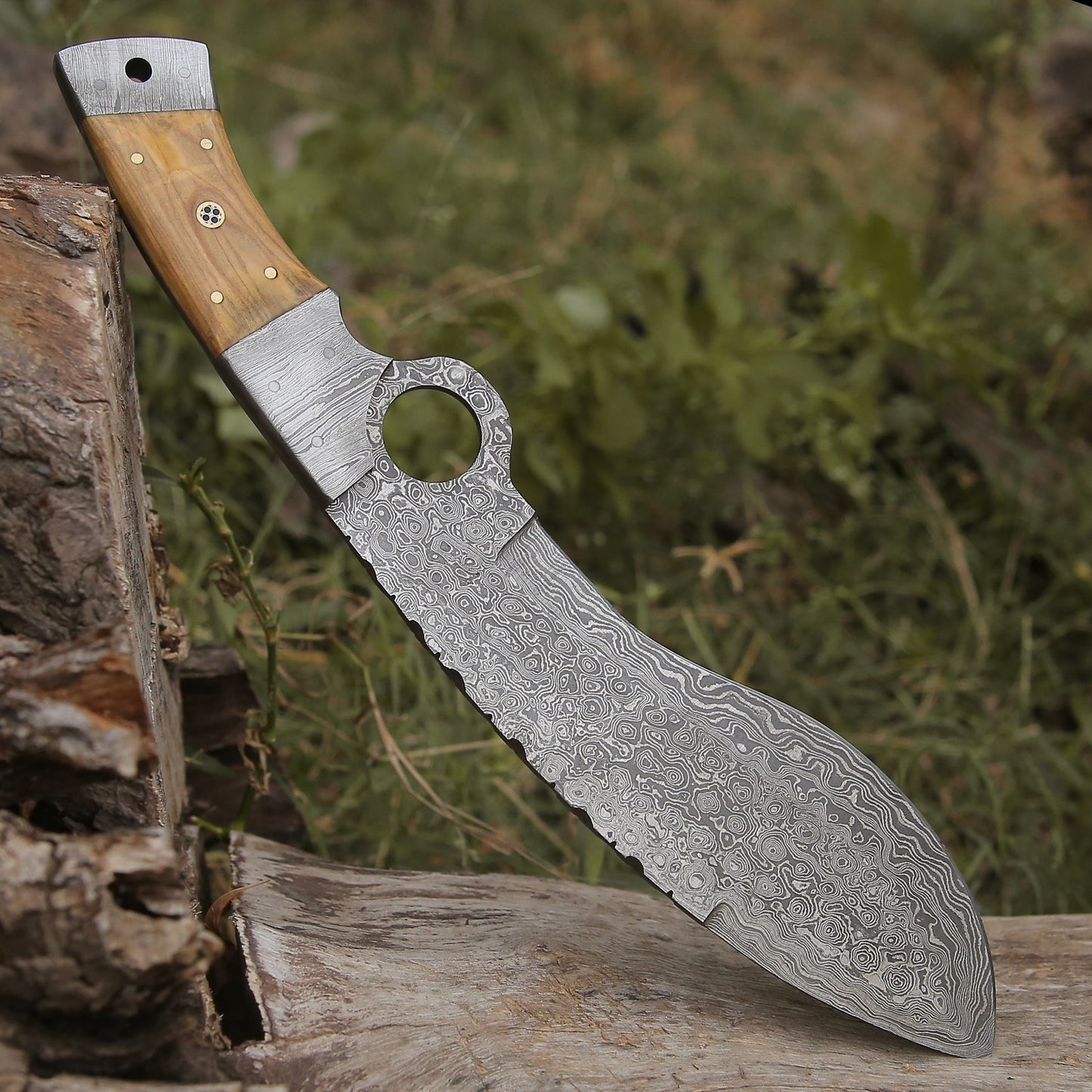 Custom Hand Made Forged Damascus Steel Hunting Kukri Knife Damascus Bolster Olive Wood Handle WH 2254