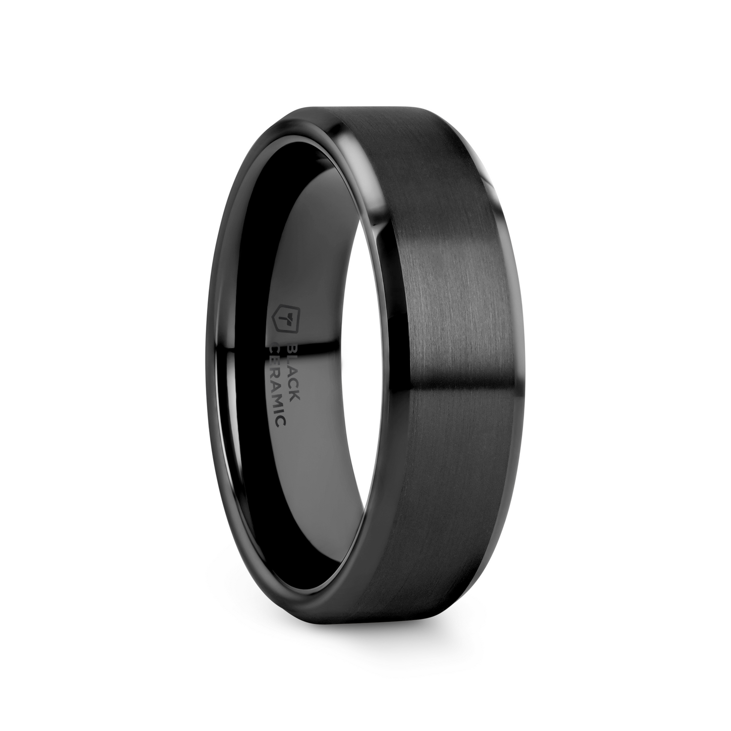 YORKSHIRE Brushed Black Ceramic Wedding Band with Polished Beveled Edges – 6mm or 8mm