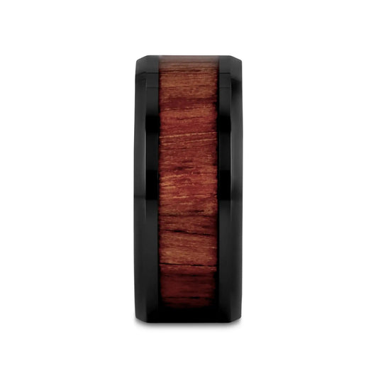 YUKON Beveled Black Ceramic Ring with Black Walnut Wood Inlay - 10mm