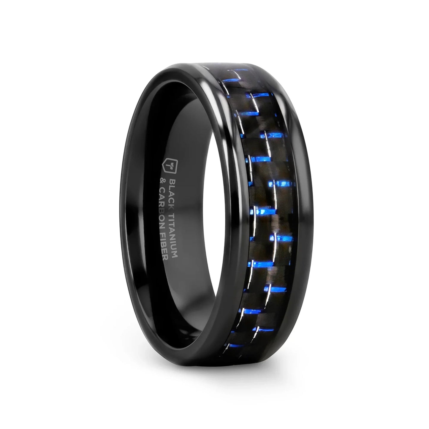 ZAYDEN Black Titanium Ring with Blue & Black Carbon Fiber Inlay and Bevels - 8mm