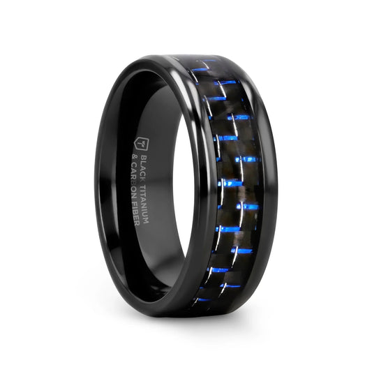 ZAYDEN Black Titanium Ring with Blue & Black Carbon Fiber Inlay and Bevels - 8mm