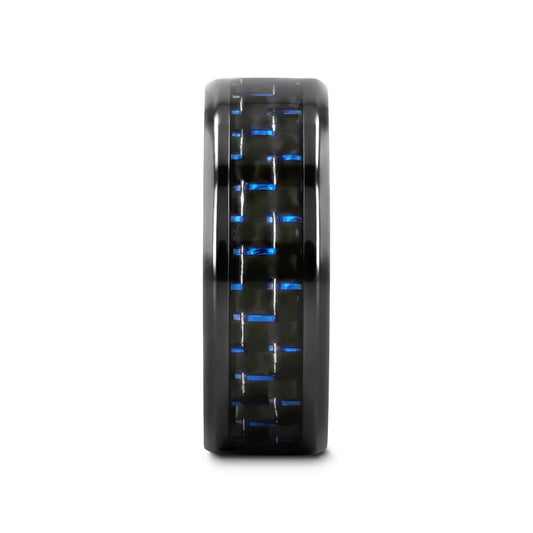 ZAYDEN Black Titanium Ring with Blue & Black Carbon Fiber Inlay and Bevels - 8mm