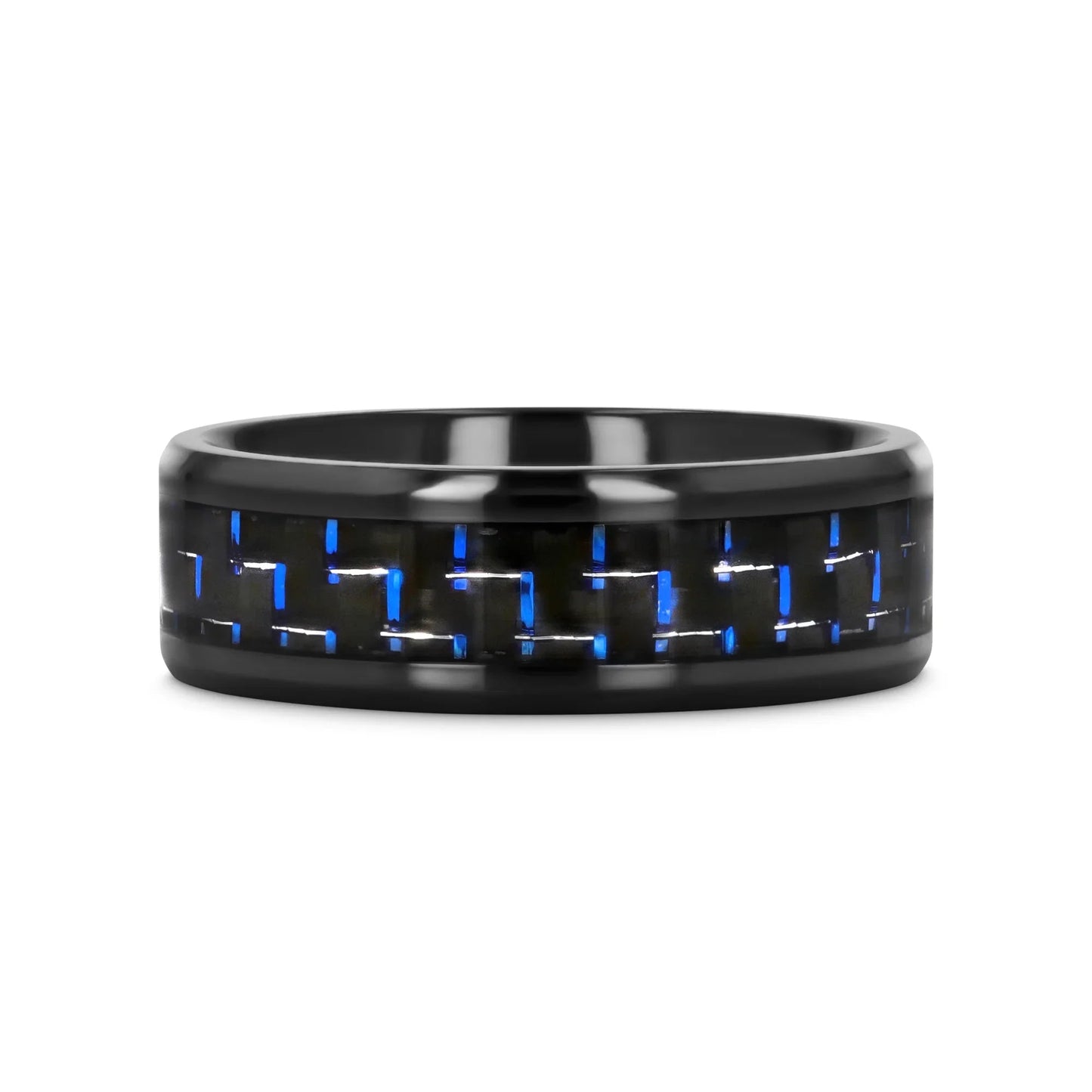 ZAYDEN Black Titanium Ring with Blue & Black Carbon Fiber Inlay and Bevels - 8mm