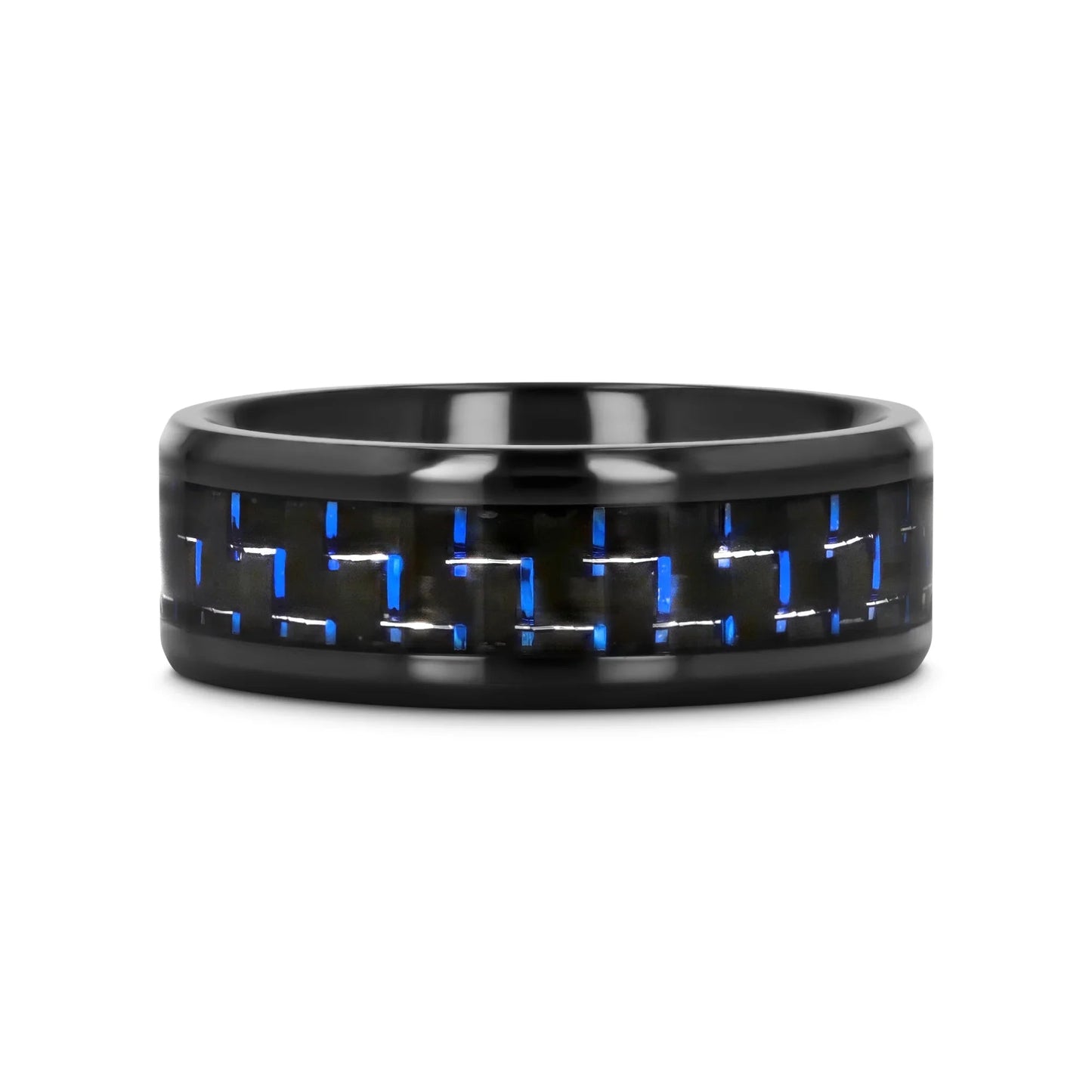 ZAYDEN Black Titanium Ring with Blue & Black Carbon Fiber Inlay and Bevels - 8mm