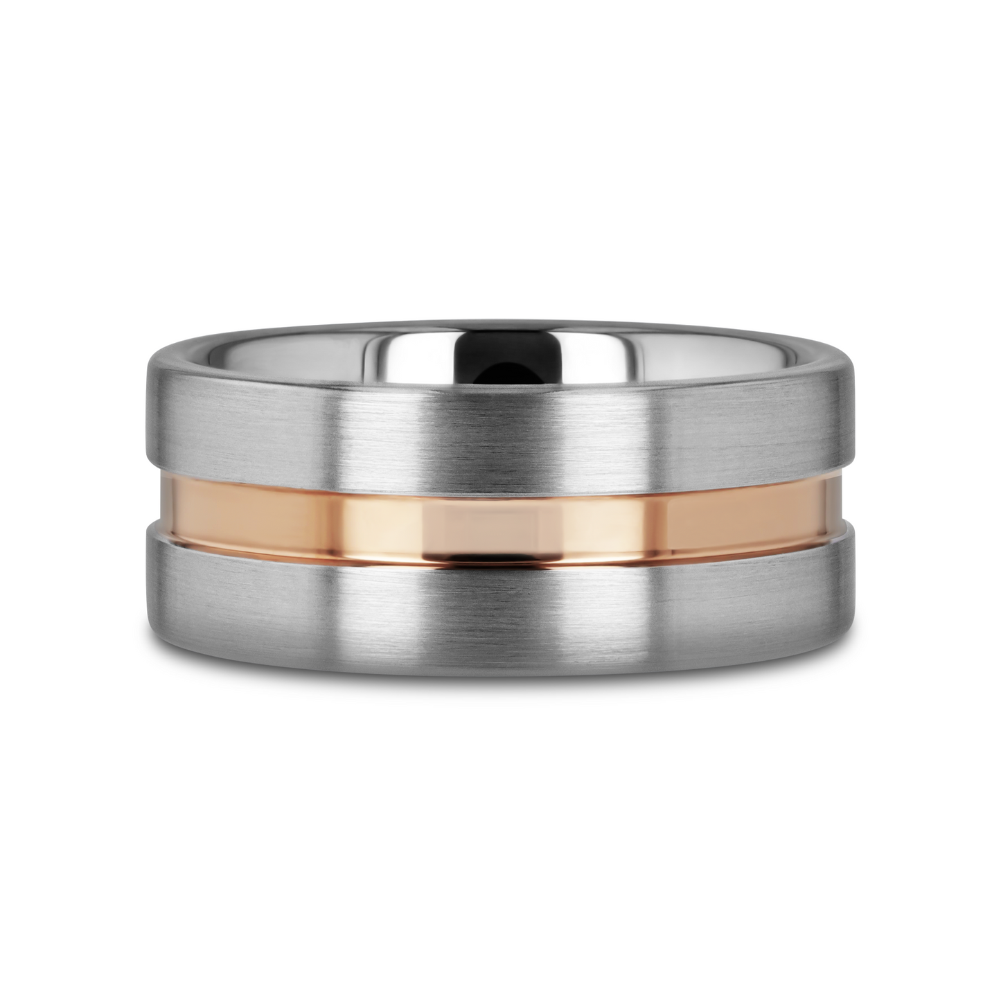 ZEUS Flat Brushed Tungsten Carbide Ring with Rose Gold-Plated Groove (4mm–10mm)