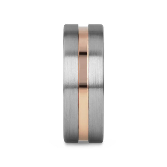 ZEUS Flat Brushed Tungsten Carbide Ring with Rose Gold-Plated Groove (4mm–10mm)