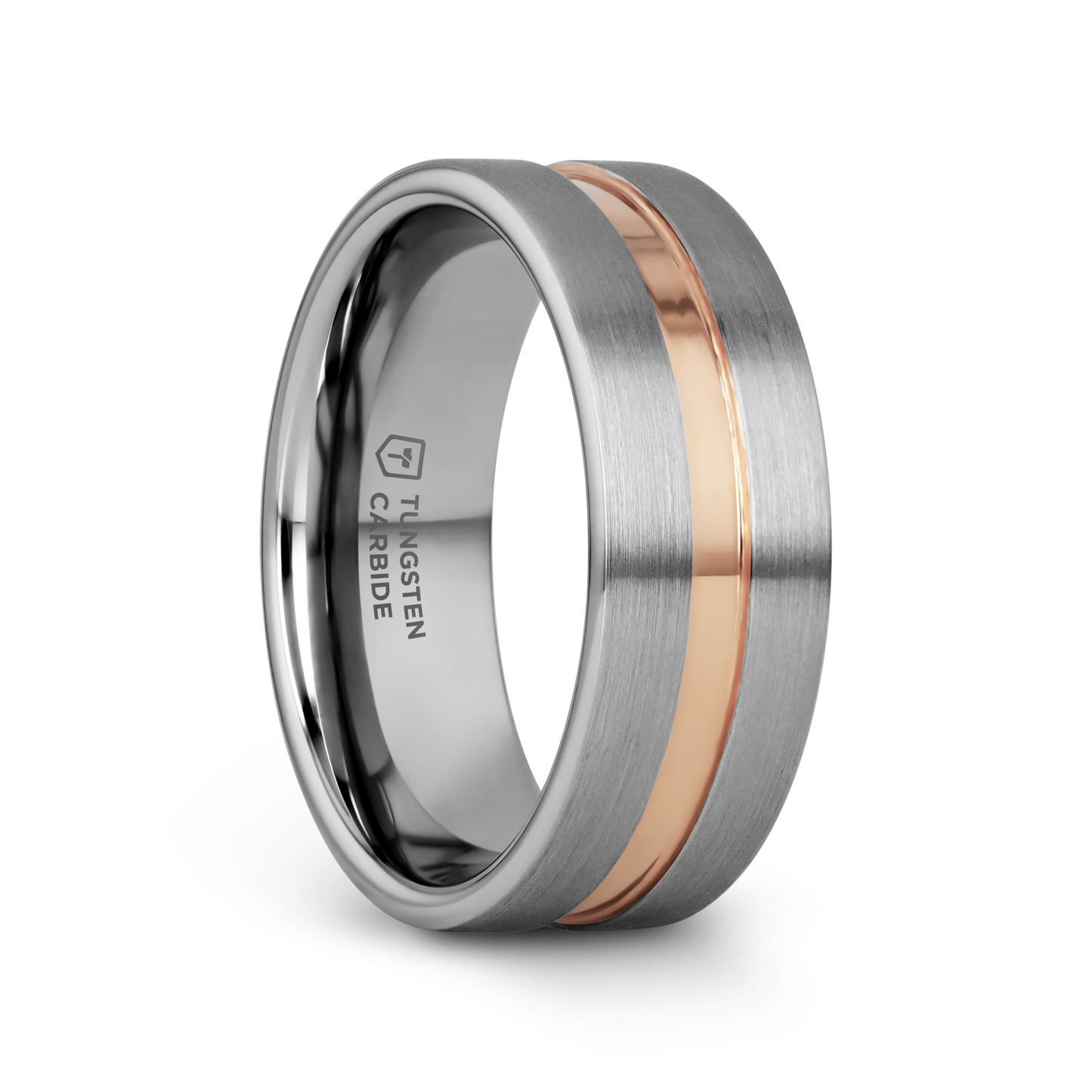 ZEUS Flat Brushed Tungsten Carbide Ring with Rose Gold-Plated Groove (4mm–10mm)