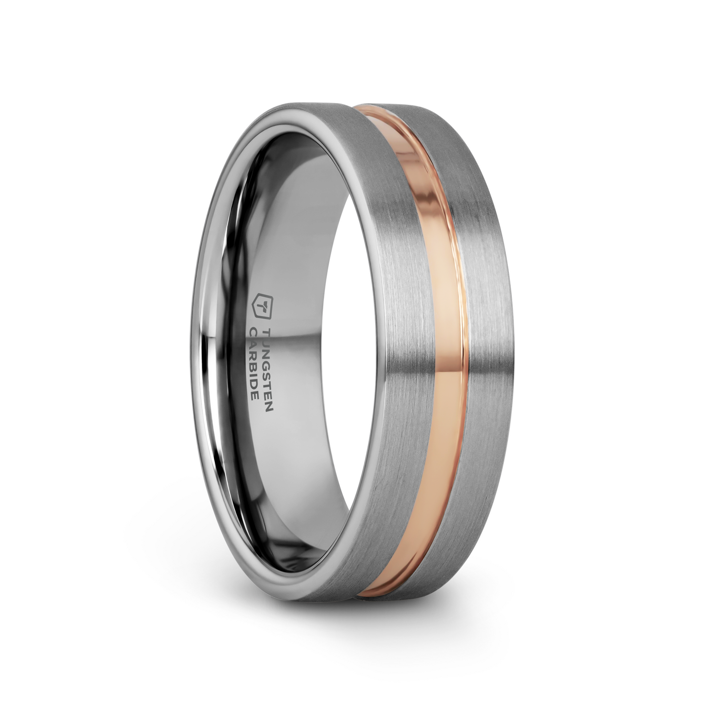 ZEUS Flat Brushed Tungsten Carbide Ring with Rose Gold-Plated Groove (4mm–10mm)