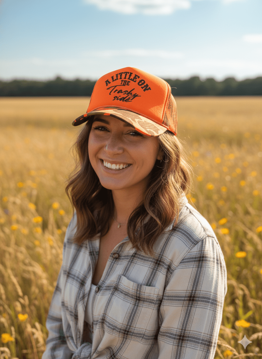 A Little On The Trashy Side Orange Camo Trucker Hat