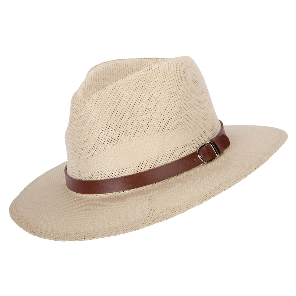Men's Paper Braid Leatherette Buckle Trim Large Brim Fedora Hat