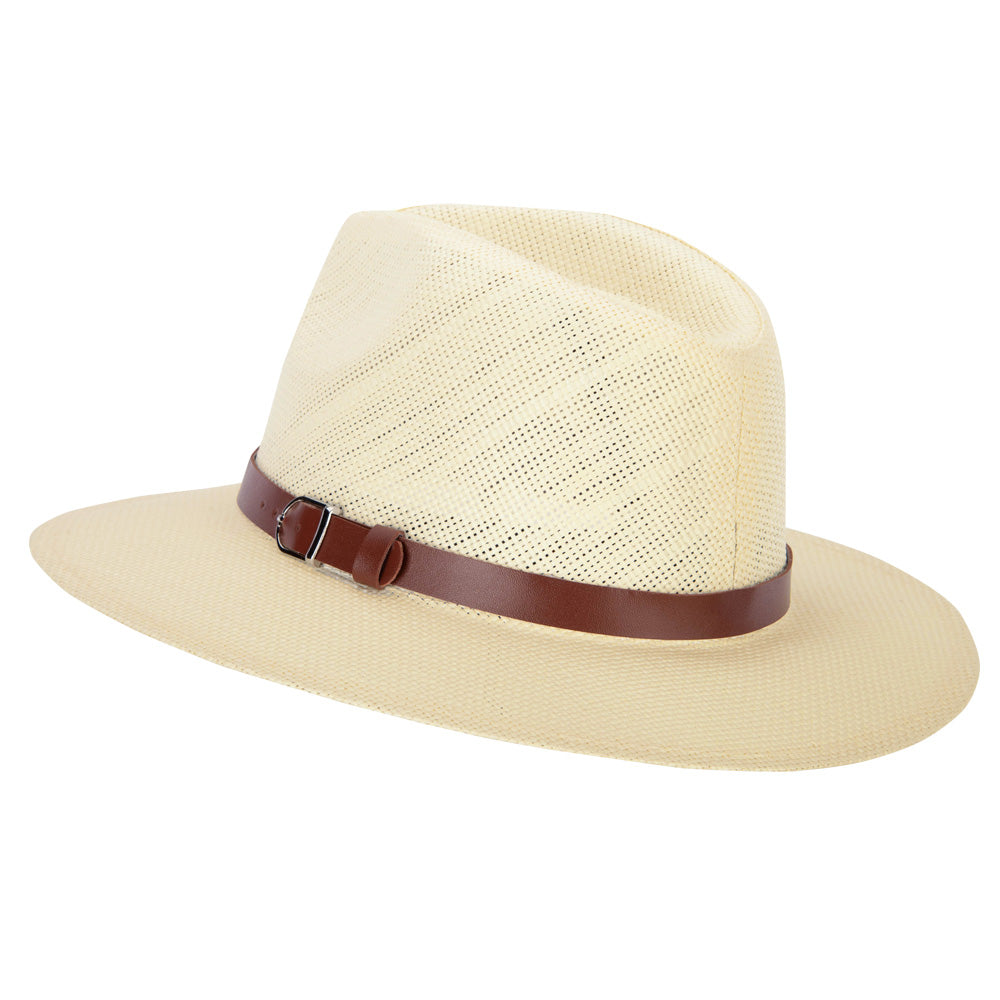 Men's Paper Braid Leatherette Buckle Trim Large Brim Fedora Hat