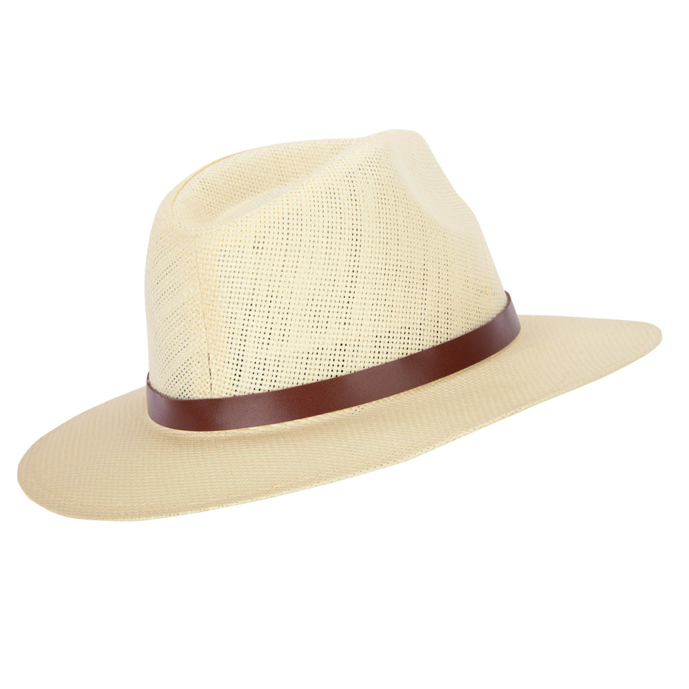Men's Paper Braid Leatherette Buckle Trim Large Brim Fedora Hat