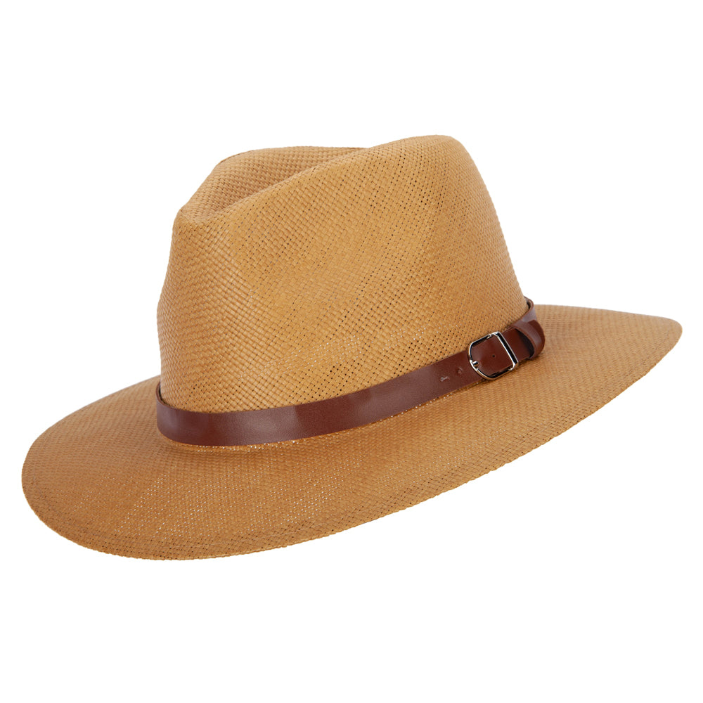 Men's Paper Braid Leatherette Buckle Trim Large Brim Fedora Hat