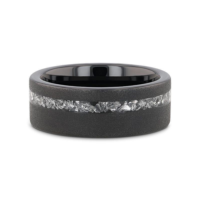 ABYSS Sandblasted Black Tungsten Ring with Meteorite Fragments Inlay – 8mm