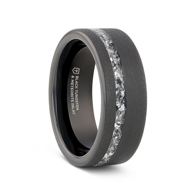 ABYSS Sandblasted Black Tungsten Ring with Meteorite Fragments Inlay – 8mm