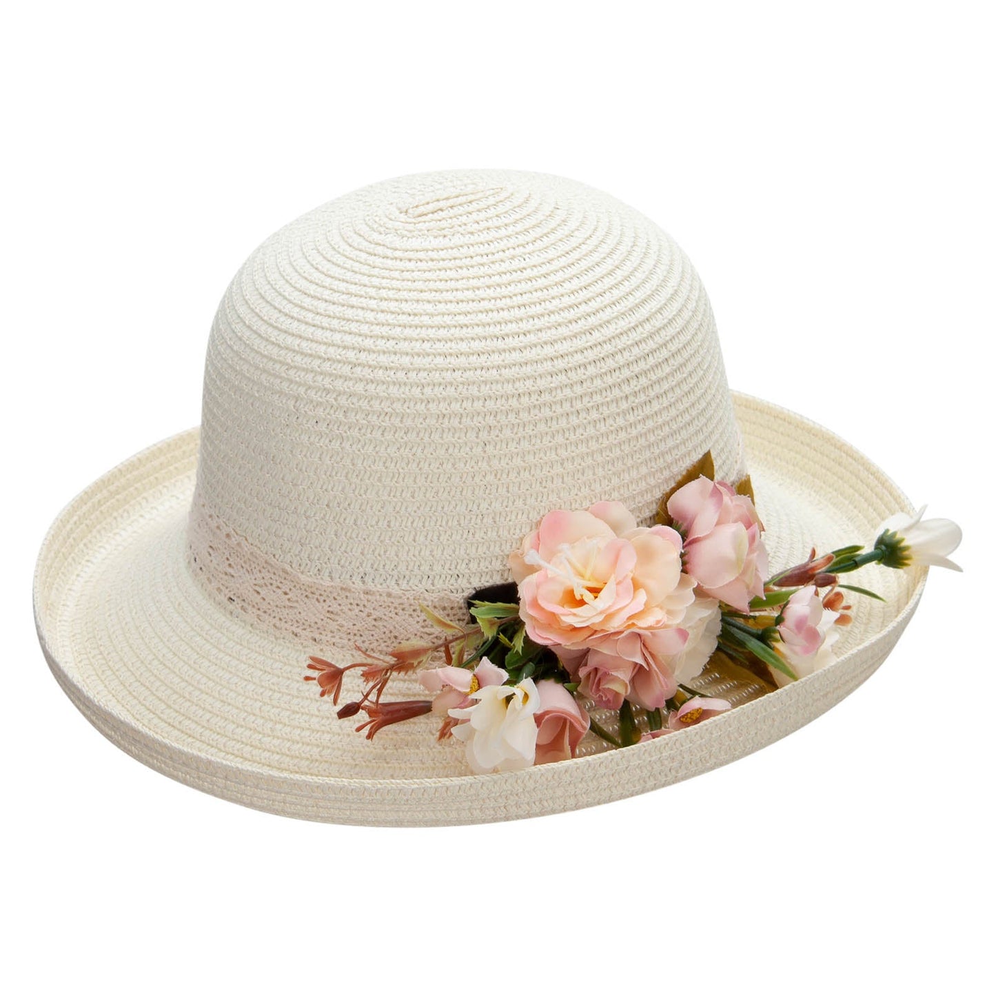 Women's Toyo Braid large sik flower accent Kettle Brim Hat