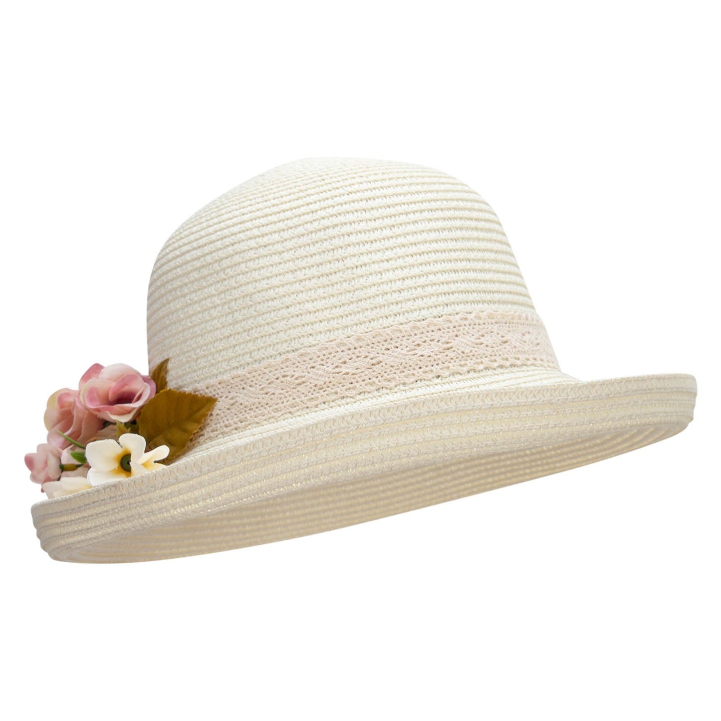 Women's Toyo Braid large sik flower accent Kettle Brim Hat