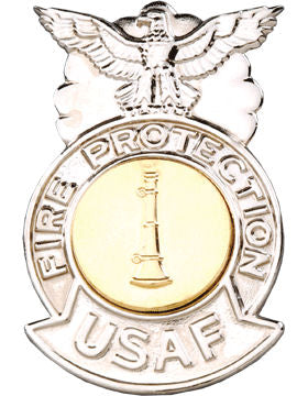USAF Engineer Fire Badge - Metal CHROME/GOLD Seal One Bugle