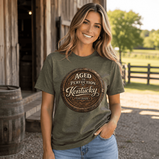 Aged to Perfection in Kentucky T-Shirt | Barrel-End Emblem Design | Classic Cotton