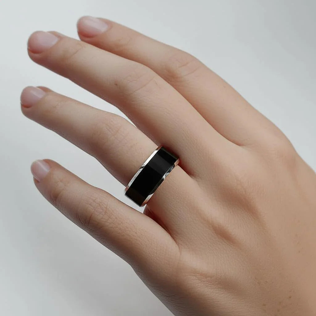 MACLAREN Black Polished Center Tungsten Wedding Band with Polished Gray Beveled Edges, 4mm–8mm