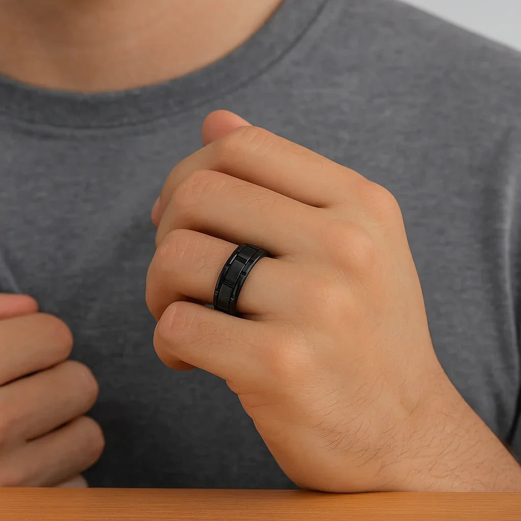 WINDSOR Beveled Black Tungsten Carbide Wedding Band with Brushed Center and Alternating Grooves – 8mm & 10mm