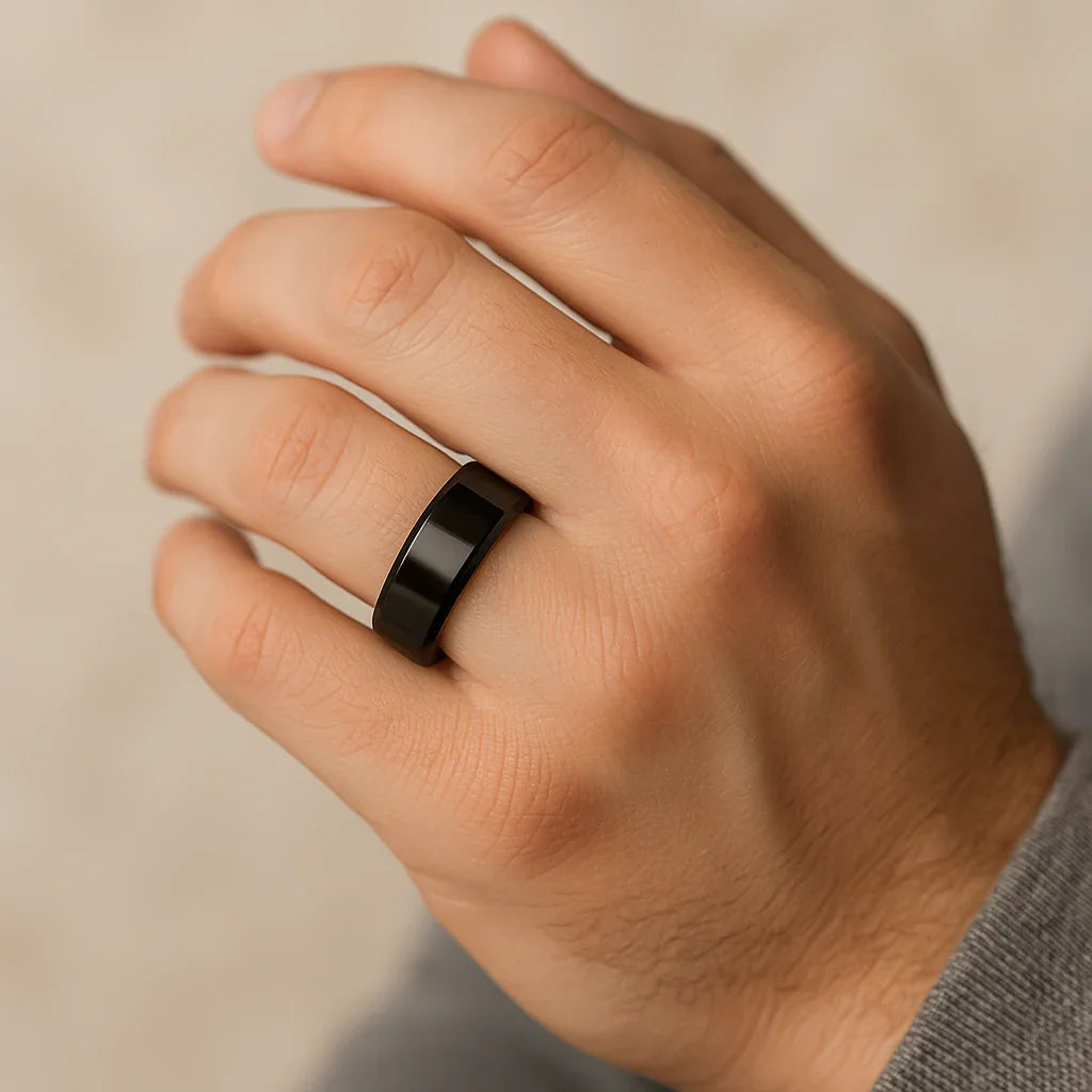 EXODUS Black Titanium Wedding Ring with Beveled Edges - 8mm