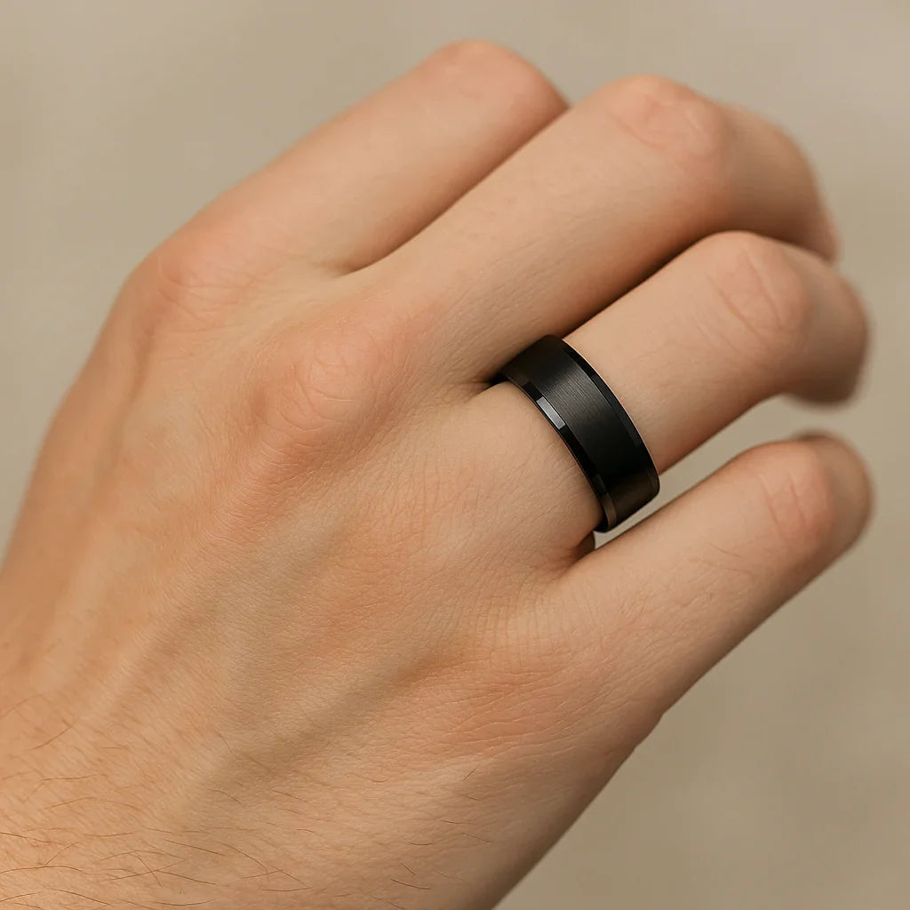 YORKSHIRE Brushed Black Ceramic Wedding Band with Polished Beveled Edges – 6mm or 8mm