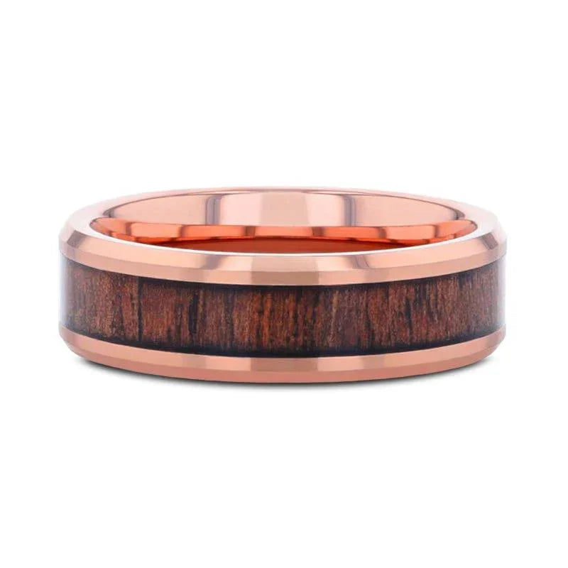 ALDER Rose Gold Plated Rosewood Inlaid Tungsten Men's Wedding Band With Beveled Polished Edges - 8mm