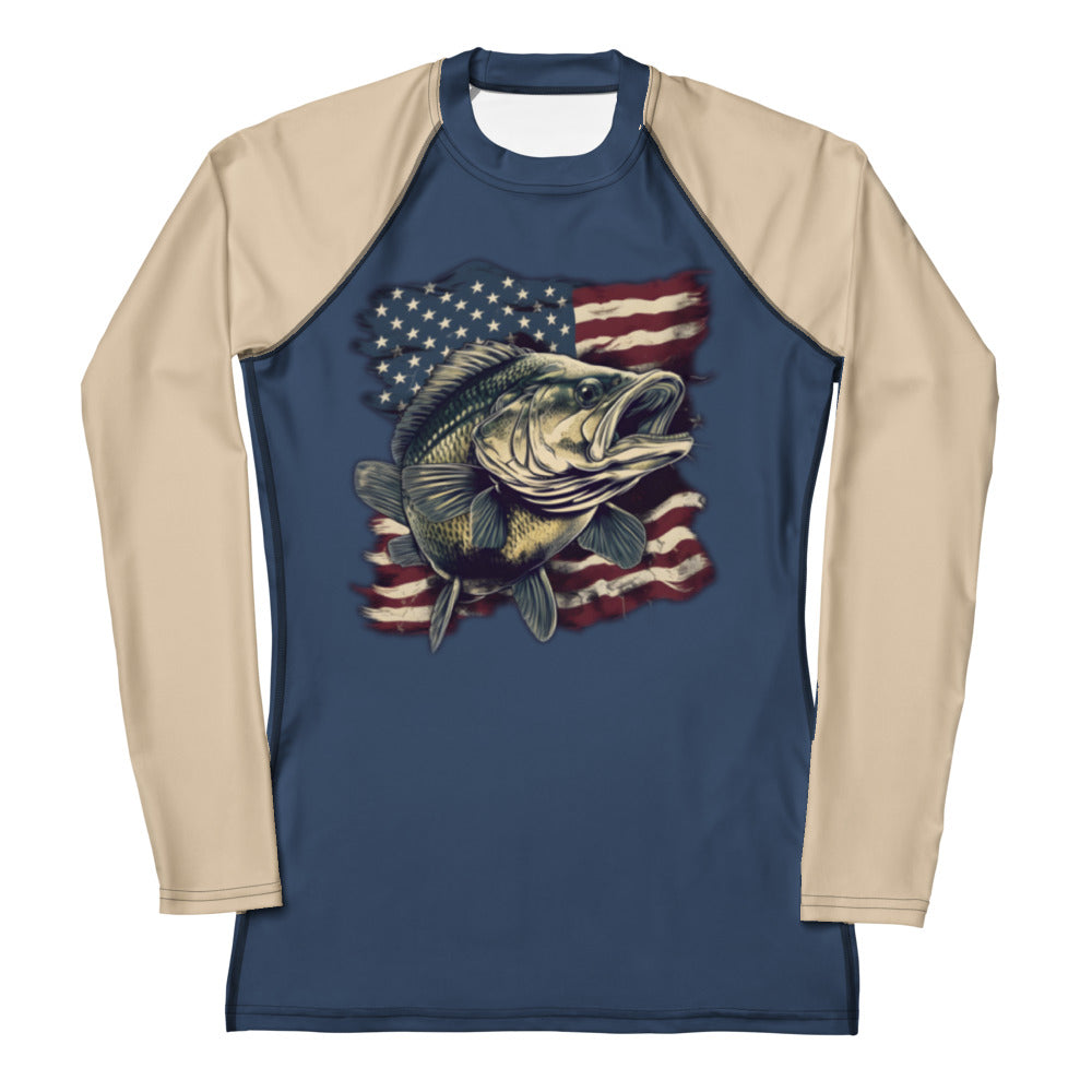 UPF 50 Women's Bass Fishing USA Rash Guard, Activewear Shirt