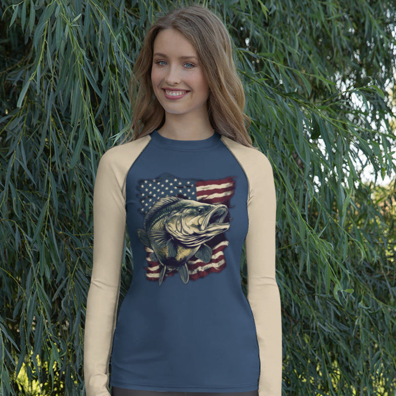 UPF 50 Women's Bass Fishing USA Rash Guard, Activewear Shirt