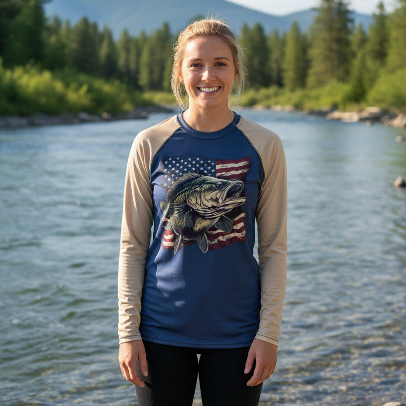 UPF 50 Women's Bass Fishing USA Rashguard, Activewear Shirt