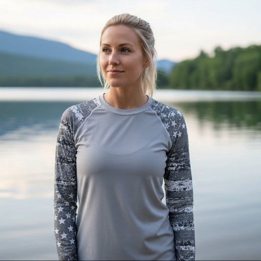 UPF 50 Women's Silver Flag Activewear Rash Guard Sun Shirt