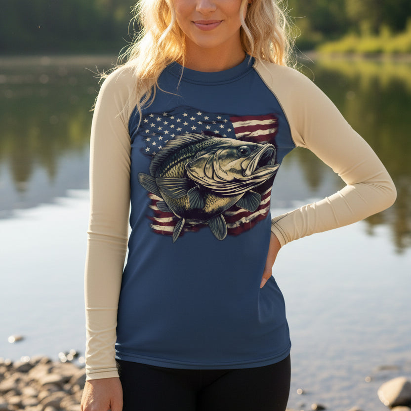 UPF 50 Women's Bass Fishing USA Rashguard, Activewear Shirt