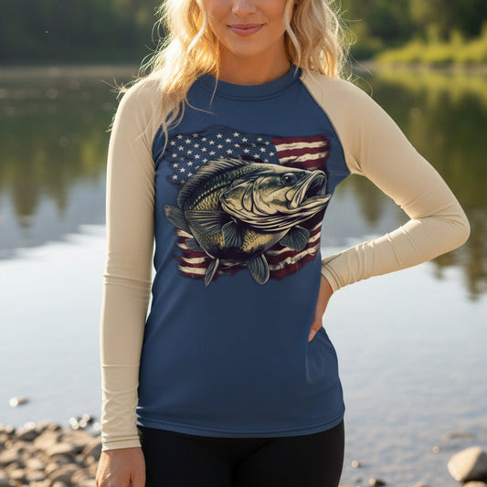 UPF 50 Women's Bass Fishing USA Rashguard, Activewear Shirt