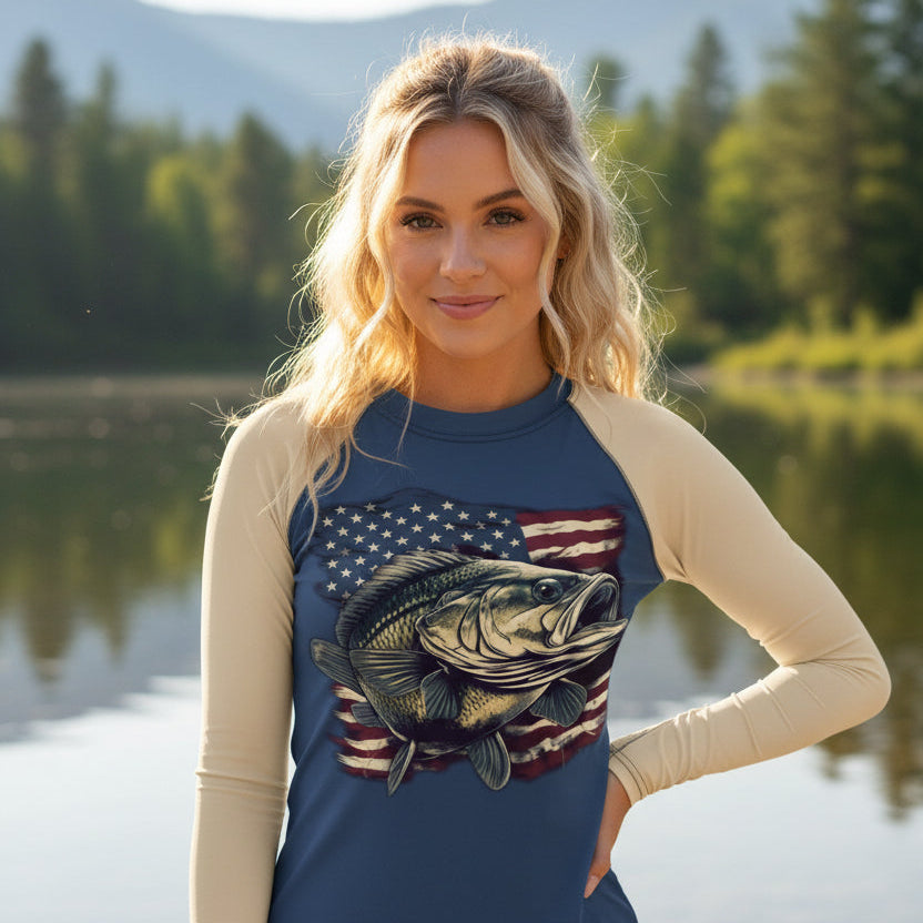 UPF 50 Women's Bass Fishing USA Rashguard, Activewear Shirt