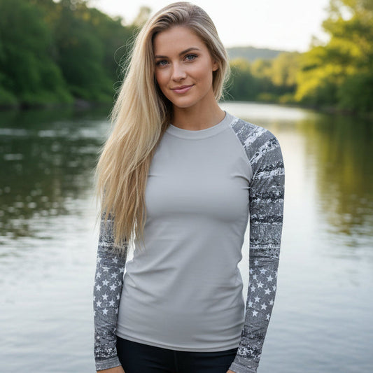 UPF 50 Women's Silver Flag Activewear Rash Guard Sun Shirt