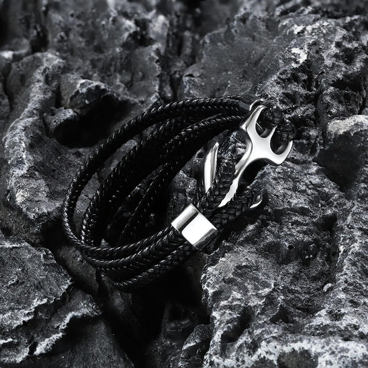 Anchor Buckle Braided Leather Stainless Steel Bracelet