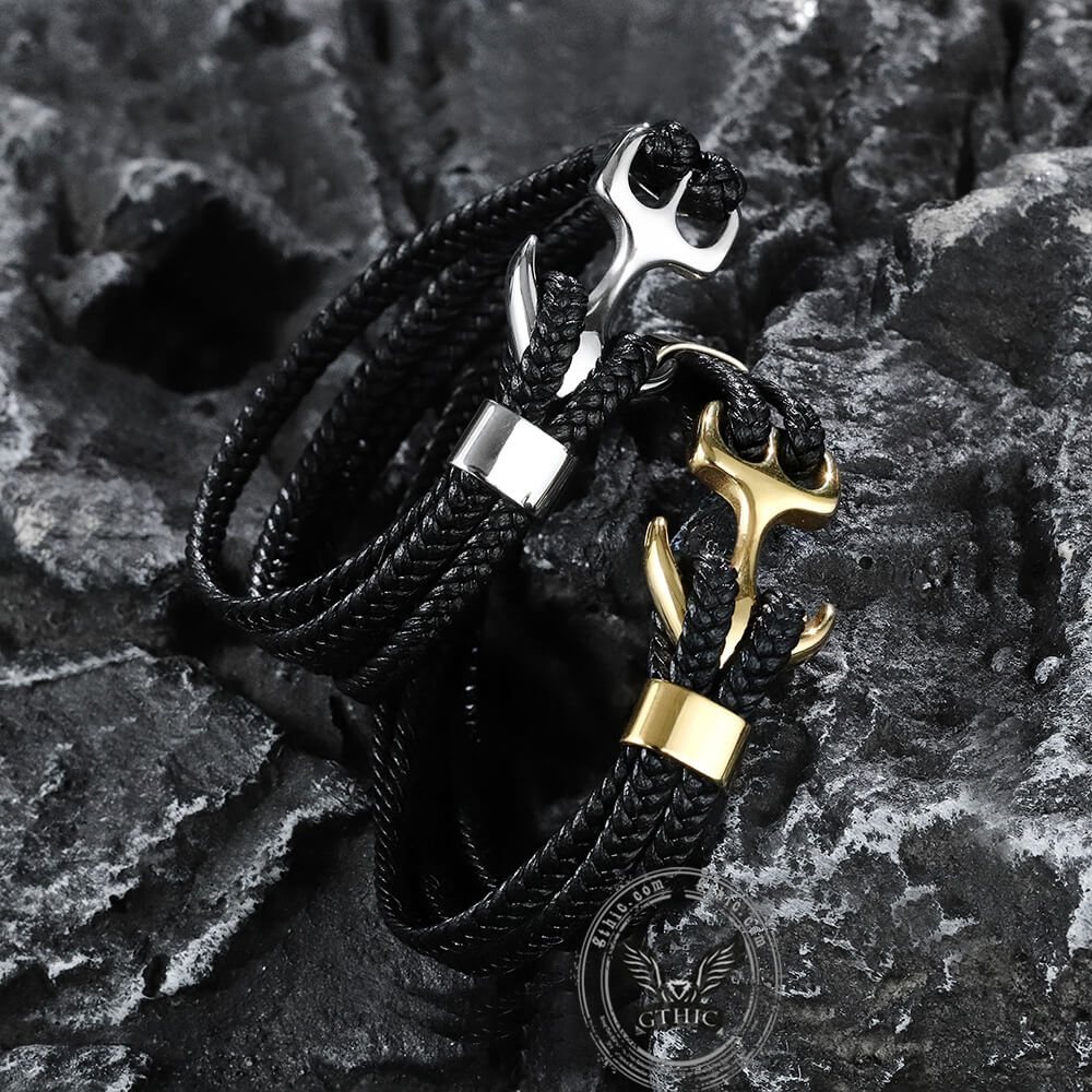 Anchor Buckle Braided Leather Stainless Steel Bracelet