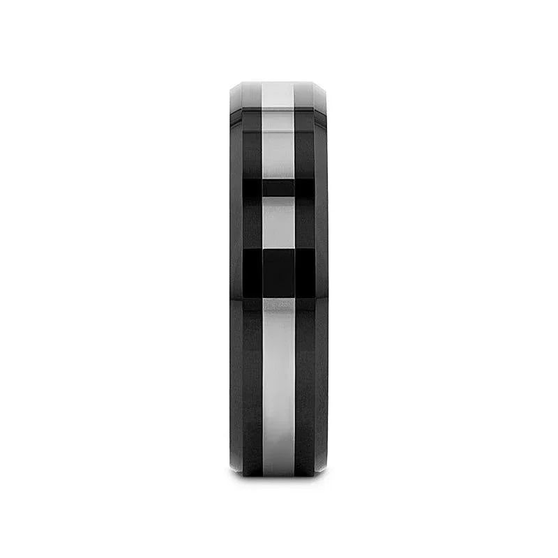 ASTADI Polished Black Beveled Ceramic Ring with Tungsten Inlay - 6mm (Limited Stock)
