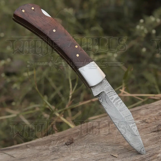 Back Lock 9" Handmade Damascus Steel Pocket Knife Dark Wood Handle Steel clips Folding Knife