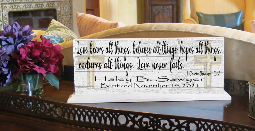 Baptism Gift For Boys or Girls Personalized Plaque Love Bears All Bible Verse