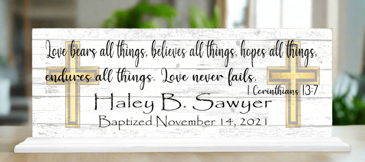 Baptism Gift For Boys or Girls Personalized Plaque Love Bears All Bible Verse
