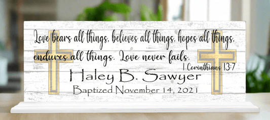 Baptism Gift For Boys or Girls Personalized Plaque Love Bears All Bible Verse
