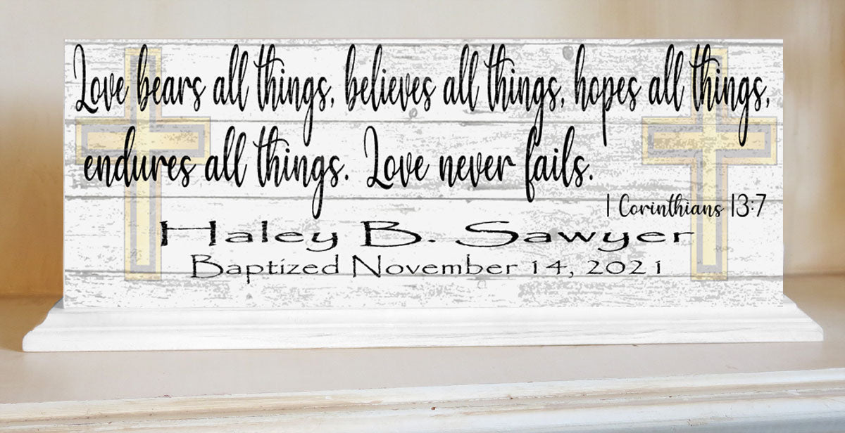 Baptism Gift For Boys or Girls Personalized Plaque Love Bears All Bible Verse