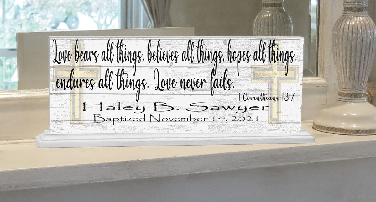 Baptism Gift For Boys or Girls Personalized Plaque Love Bears All Bible Verse