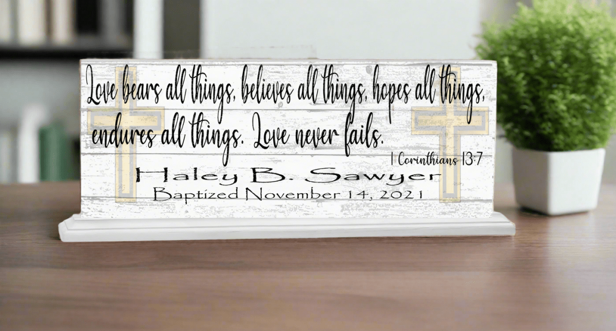 Baptism Gift For Boys or Girls Personalized Plaque Love Bears All Bible Verse