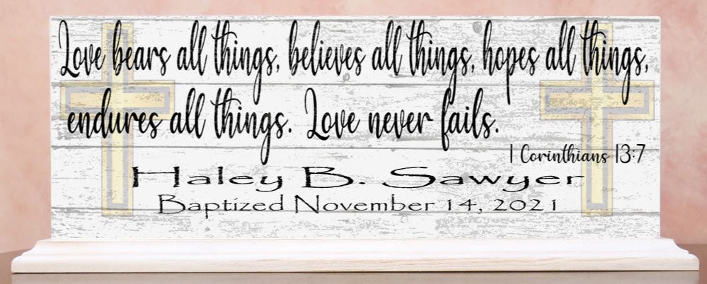 Baptism Gift For Boys or Girls Personalized Plaque Love Bears All Bible Verse