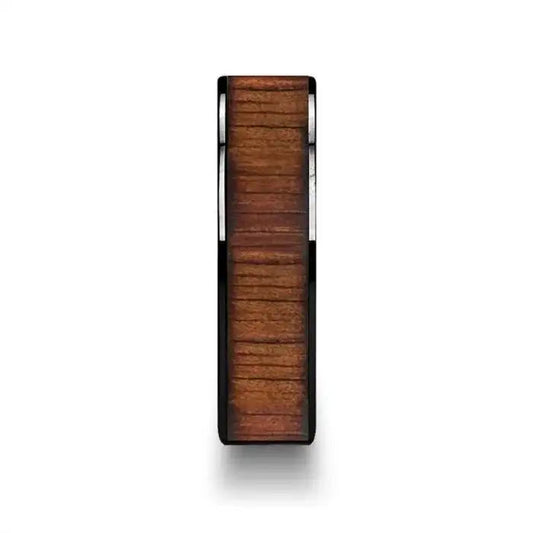 ATREUS Polished Black Ceramic Flat Wedding Band with Koa Wood Inlay - 6mm - 10mm