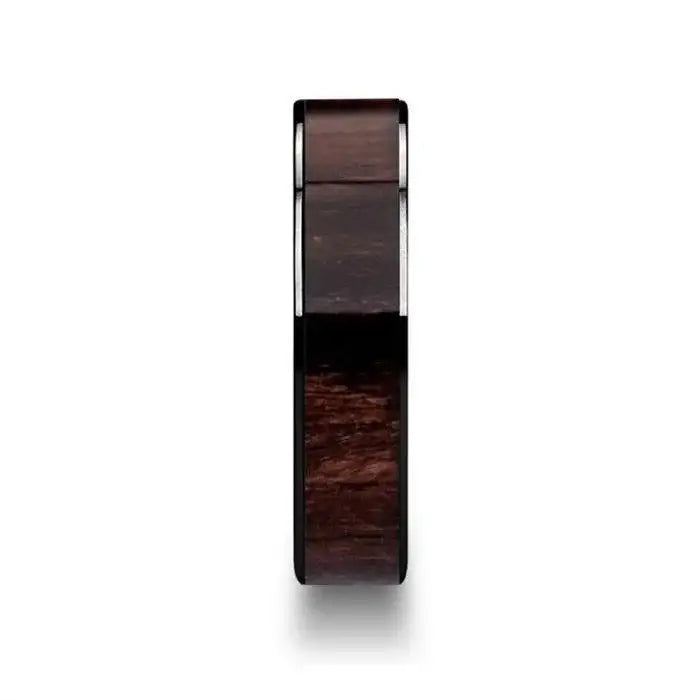 KENDO Black Ceramic Polished Finish Ring with Black Walnut Wood Inlay - 6mm - 10mm