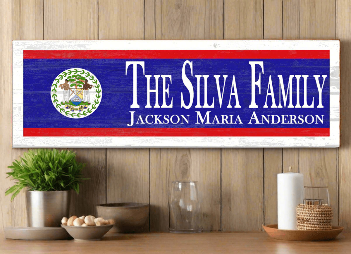 Belizean Flag Family Name Sign Custom Belize Flag Theme Gift
